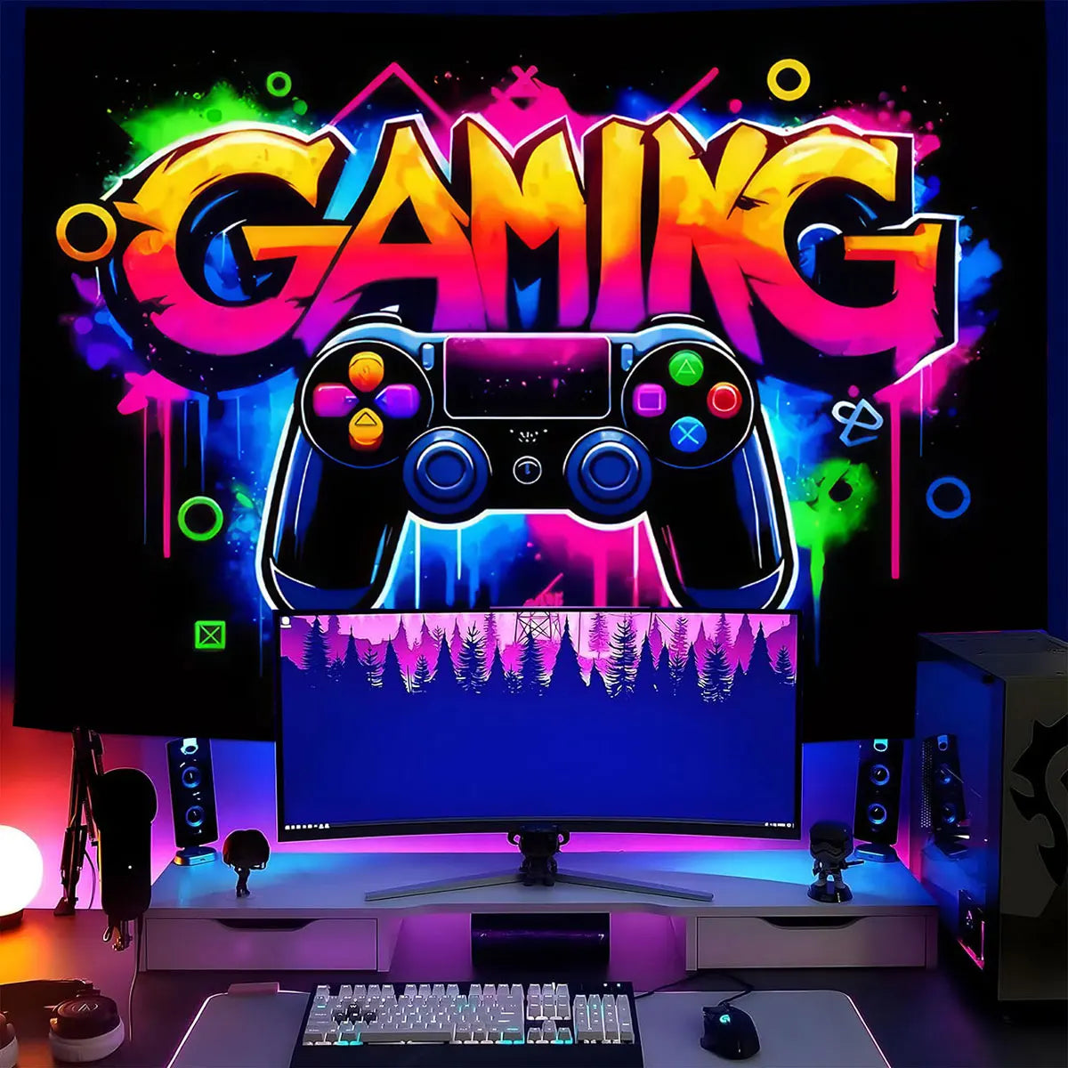 Gaming Controller Graffiti Art Tapestry Black Light Tapestry Wall Hanging UV Reactive Colorful Fluorescent Game Room Wall Decor