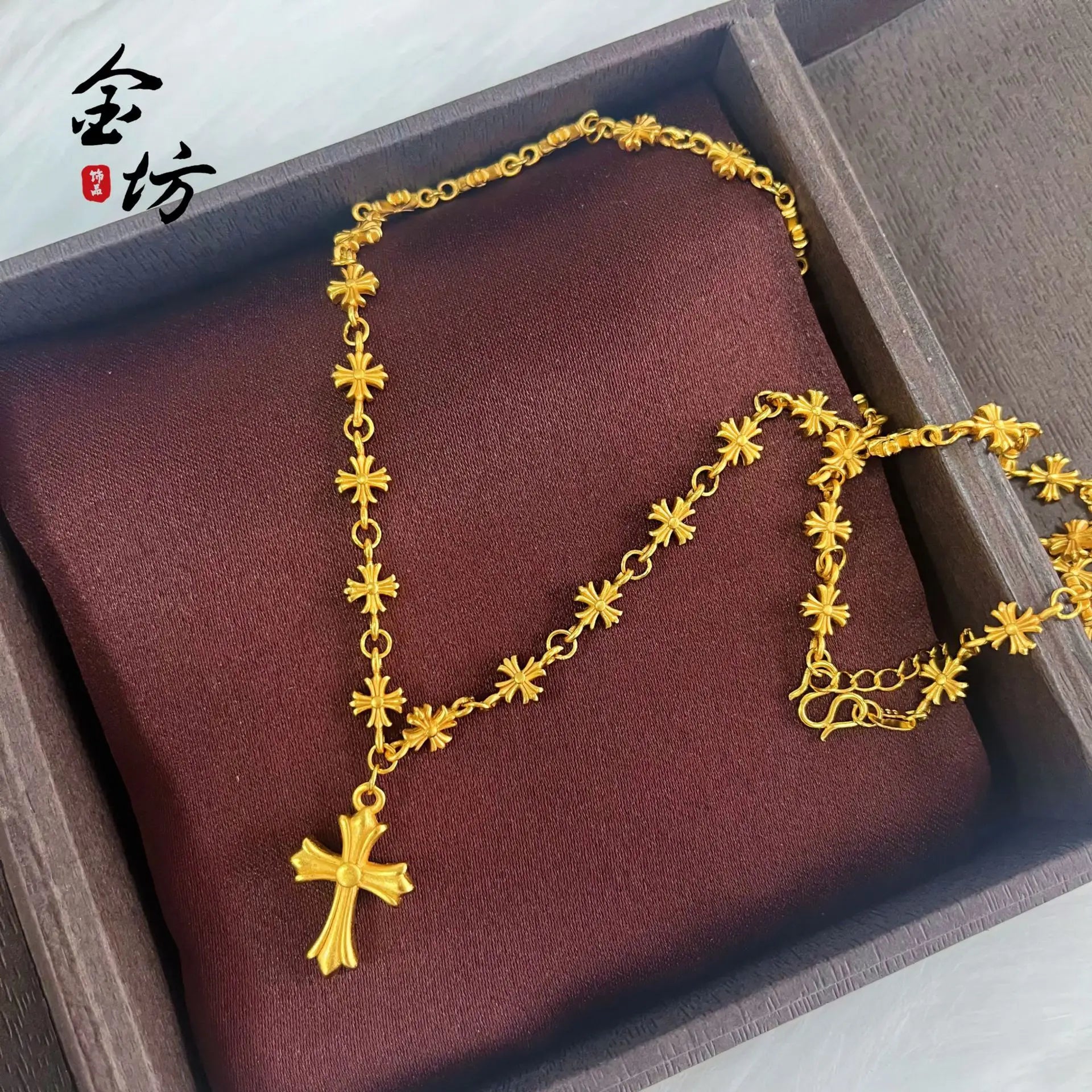 Fashion 9999 24K real gold retro ethnic style golden Crow cross necklace light luxury versatile jewelry for women