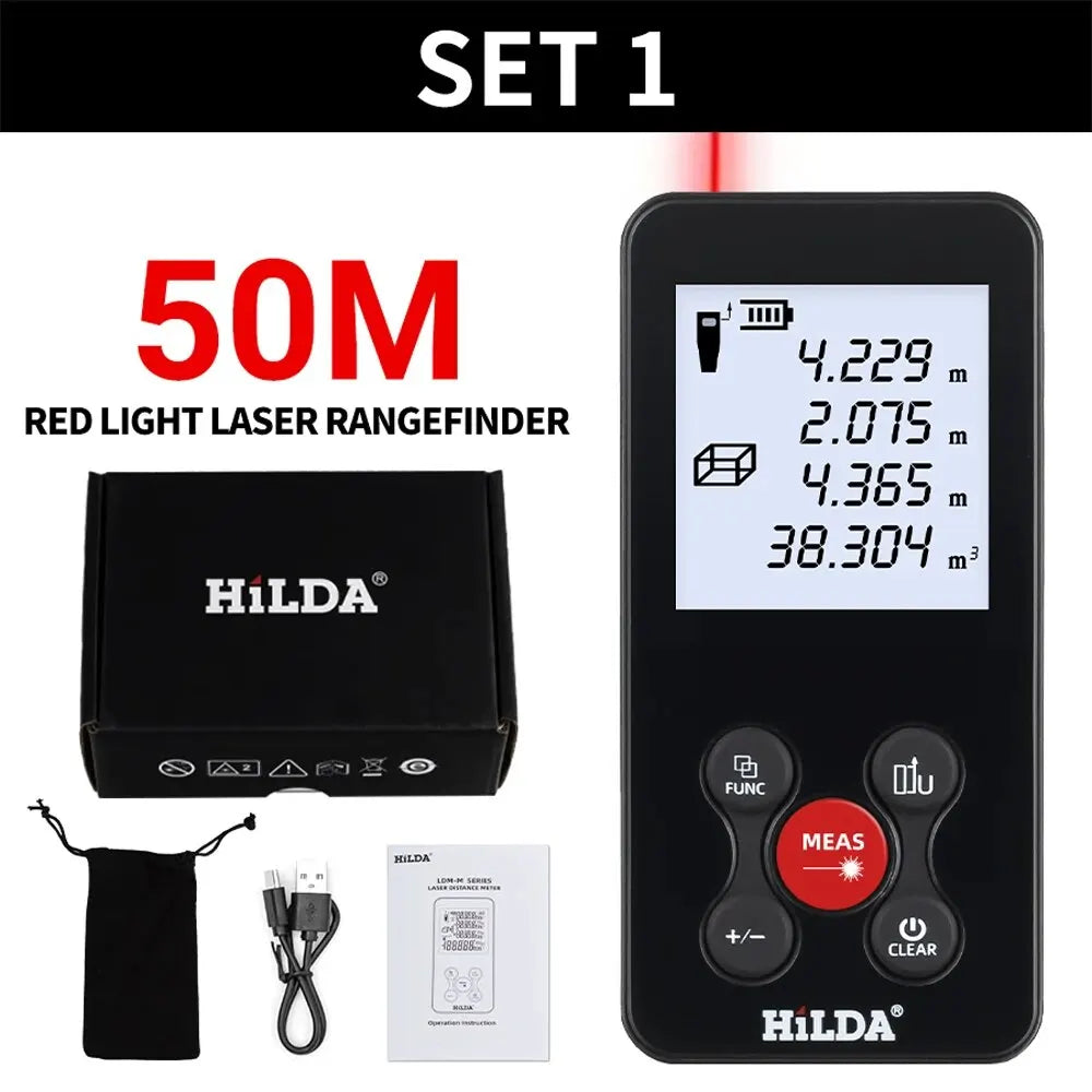 HILDA 50/100/120M Laser Rangefinder Red/Green Light Laser Distance Digital Tape Rechargeable and Measurable Angle Laser Measure