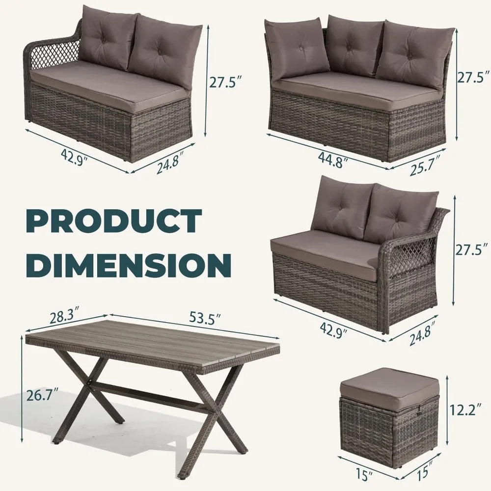 7 Pieces Patio Furniture Sets, Outdoor Dining Set, Patio Dining Sets with HDPE Table & Chairs, Ottamans for Garden, Deck(Light G