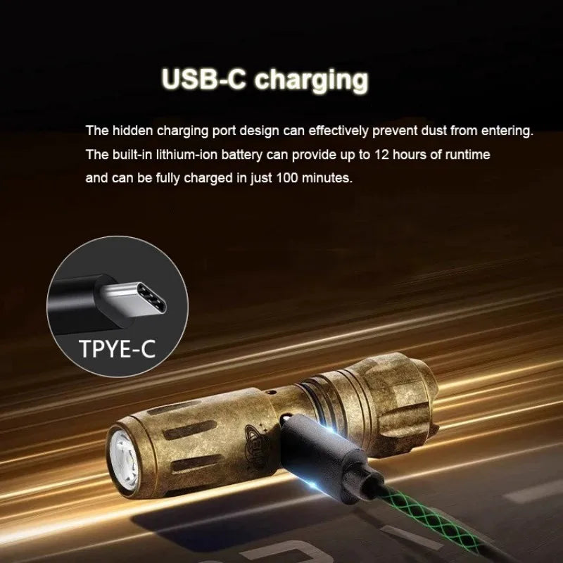 Portable Brass Flashlight for Type-c USB Charging Outdoor EDC Tools 180 lumens Waterproof Camping Survival Tool