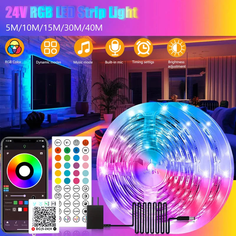 40M/131Ft Led Strip Lights APP 44Keys Music Sync Remote Control DC24V RGB Flexible Tape for Room Decoration TV Backlight Diode