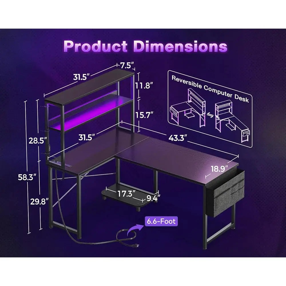 43 H L Shaped Desk With Led Lighting, Reversible Gaming Desk With Power Outlets, Cornor Computer Table With Storage Shelves &
