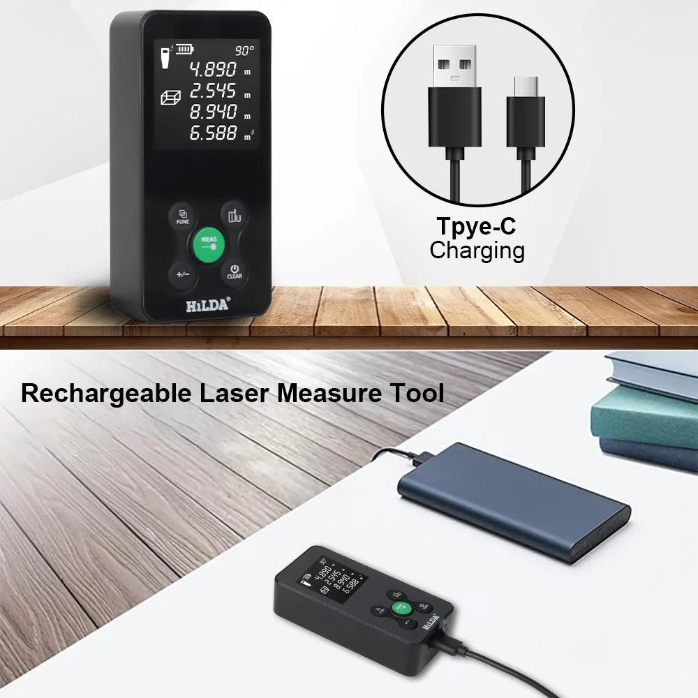 HILDA 50/100/120M Laser Rangefinder Red/Green Light Laser Distance Digital Tape Rechargeable and Measurable Angle Laser Measure