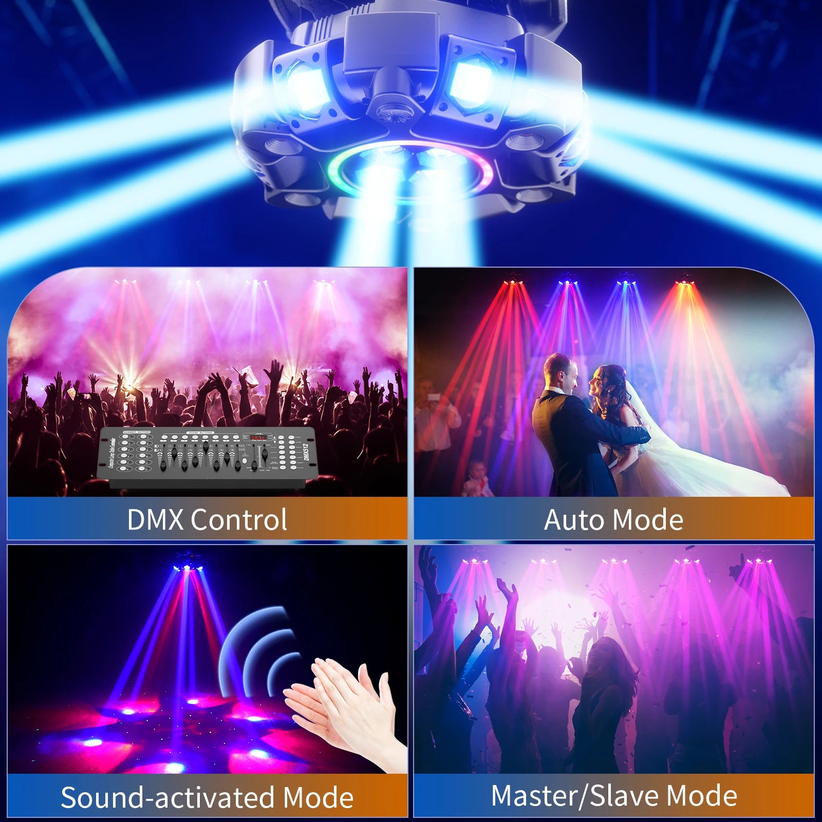 Fieryzeal 150W 6-Arm RGBW Beam Moving Head Light with Halo Effect Stage Light DMX512 Honeycomb Beam Strobe Effect for DJ Party