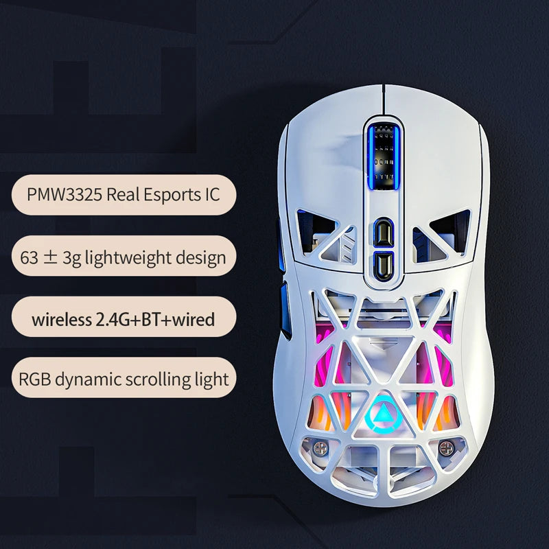 Mouse Hollow Lightweight PMW3325 Tri-mode Bluetooth Wireless  Gaming Portable Laptop Desktop Tablet