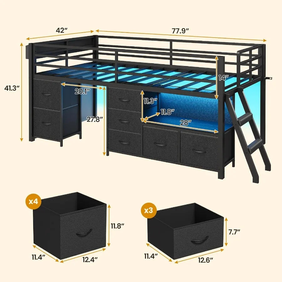 Low Loft Bed Twin Size with 7 Storage Drawers Bookcase and LED Lights Metal Loft Bed with 14 H Safety Guardrail Inclined Ladder
