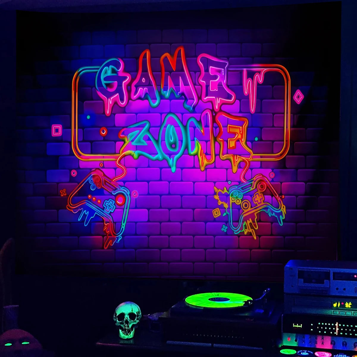 Gaming Controller Graffiti Art Tapestry Black Light Tapestry Wall Hanging UV Reactive Colorful Fluorescent Game Room Wall Decor