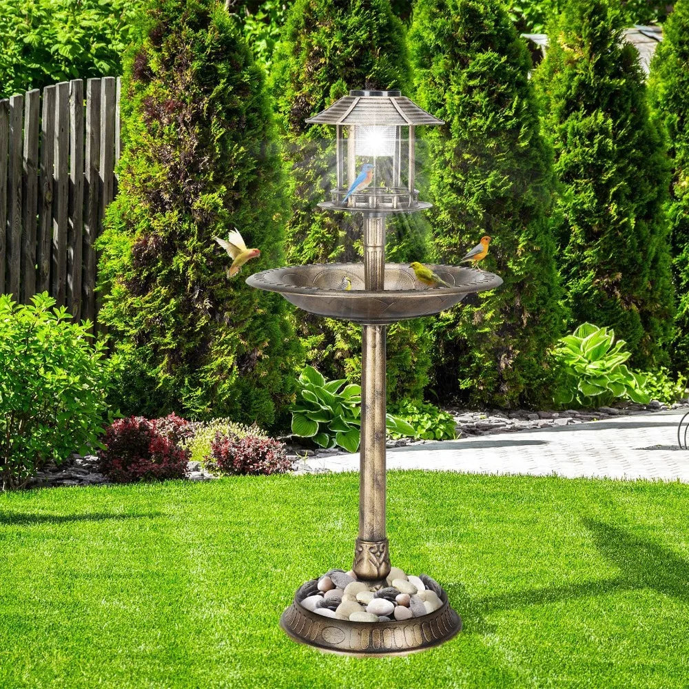 42" H Plastic Round Bird Bath with Solar Light & Sturdy Base for Outdoor Garden