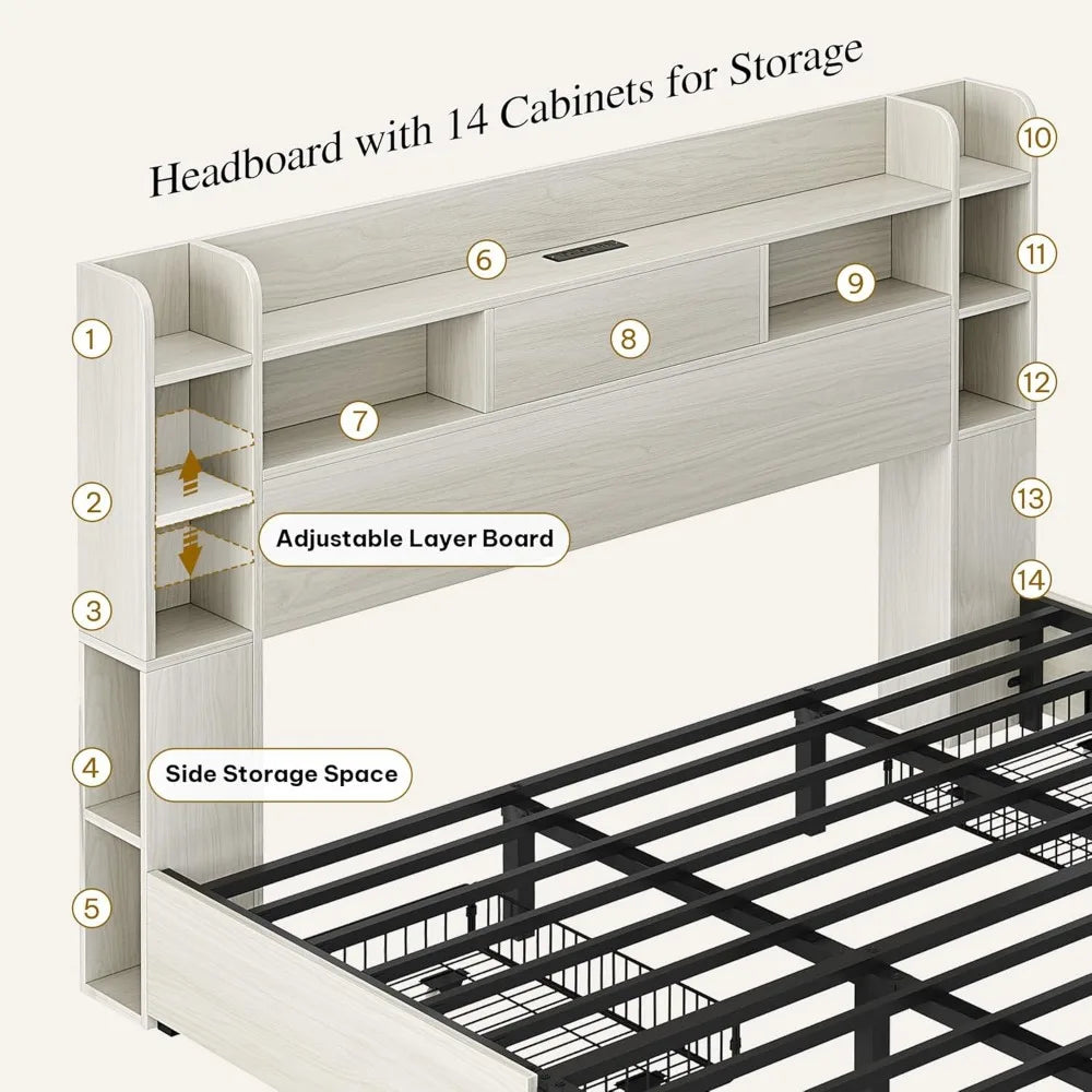 YITAHOME King Bed Frame with Bookcase Headboard and 4 Storage Drawers, RGB LED Light Bed with Type-C & USB Charging Station Stor