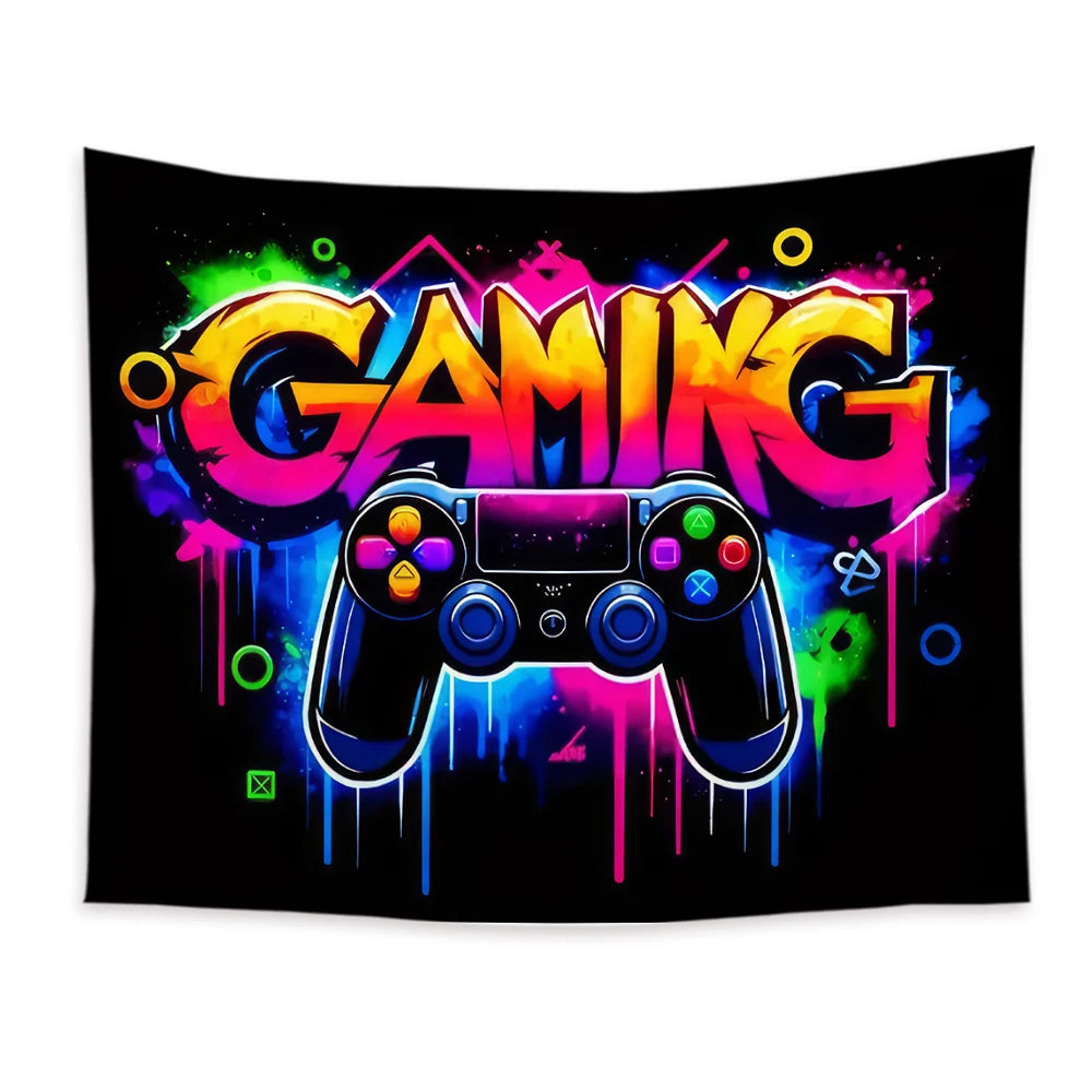 Gaming Controller Graffiti Art Tapestry Black Light Tapestry Wall Hanging UV Reactive Colorful Fluorescent Game Room Wall Decor