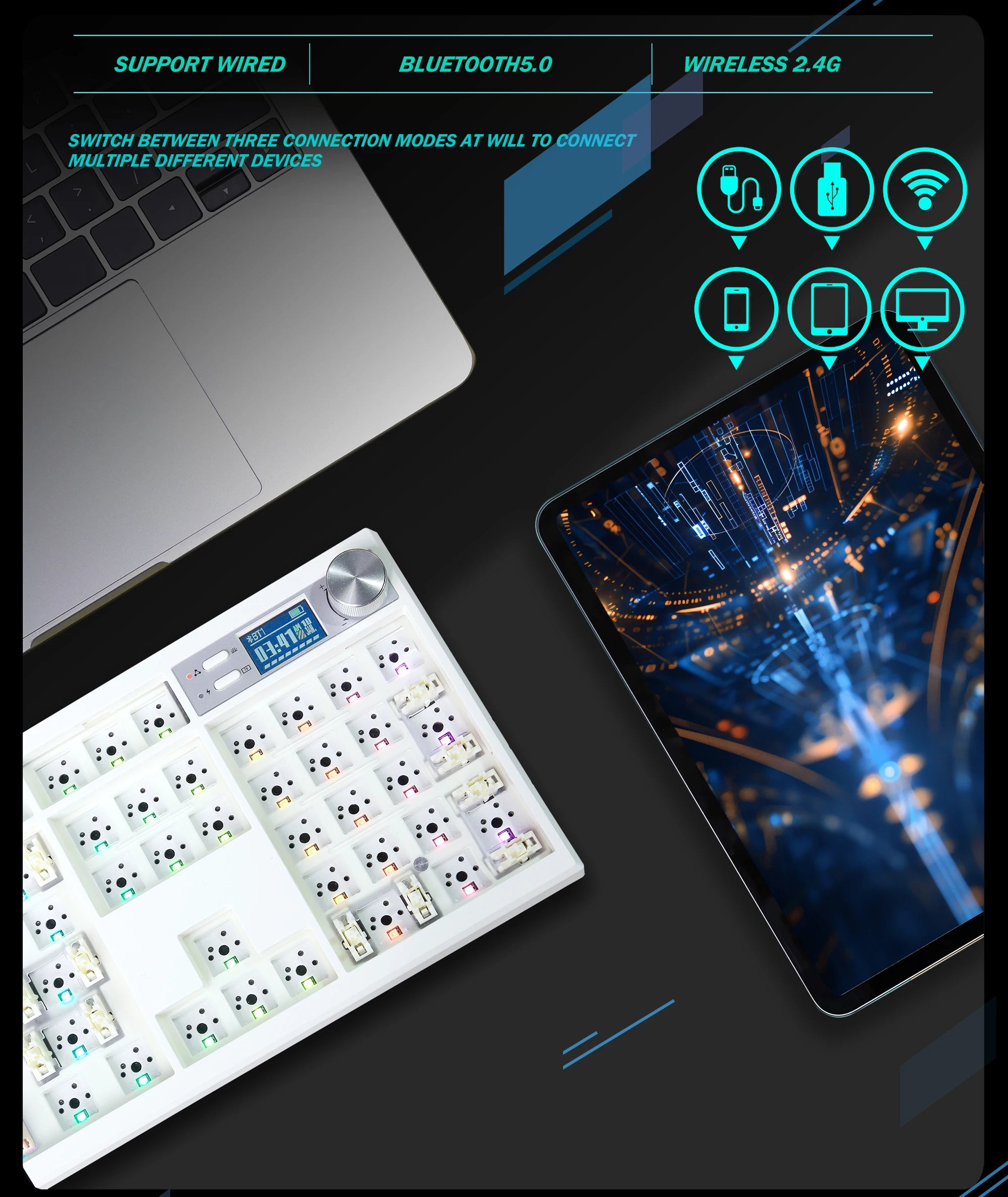 GMK104 Mechanical Keyboard Kit Three Mode Gaming Keyboard Hot Swap  Backlit Gasket Structure This VIA with display screen