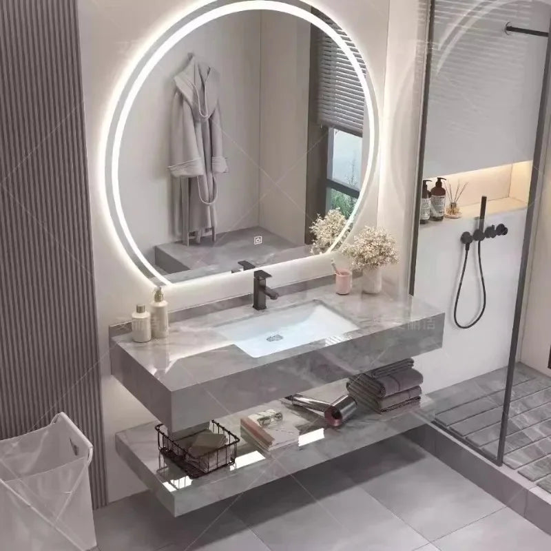 Vintage Light Grey Bathroom Vanity with Washbasin and Partition, Home Furniture