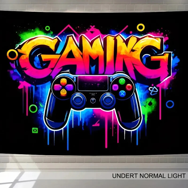 Gaming Controller Graffiti Art Tapestry Black Light Tapestry Wall Hanging UV Reactive Colorful Fluorescent Game Room Wall Decor