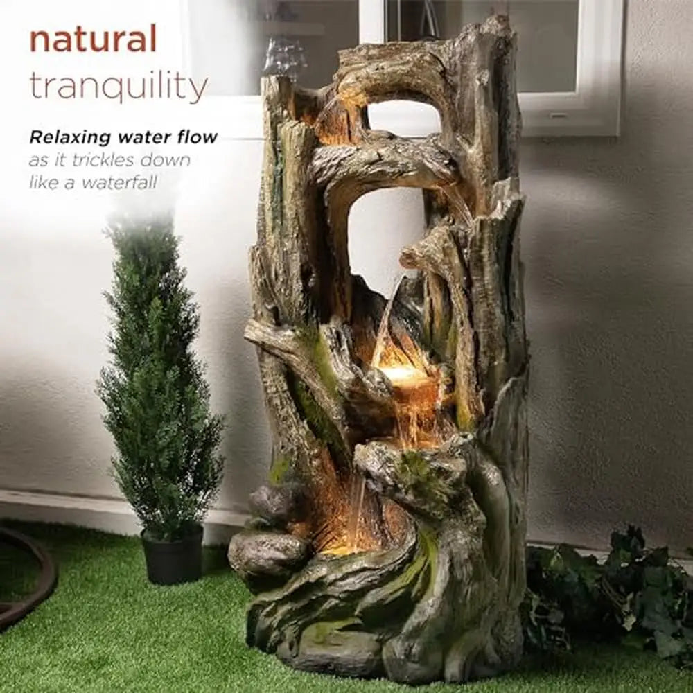 5-Tiered Tree Bark Water Fountain with LED Lights Indoor/Outdoor Garden Decor 59" Brown Durable Resin Construction Relaxing