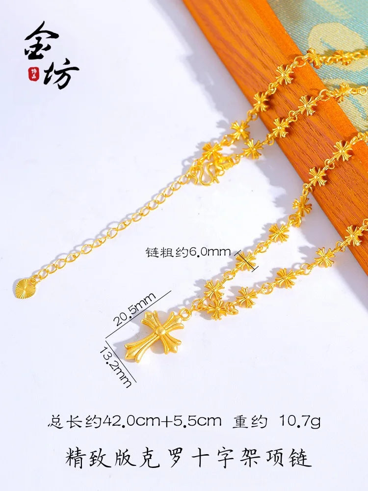 Fashion 9999 24K real gold retro ethnic style golden Crow cross necklace light luxury versatile jewelry for women