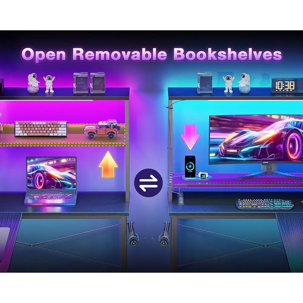 43 H L Shaped Desk With Led Lighting, Reversible Gaming Desk With Power Outlets, Cornor Computer Table With Storage Shelves &