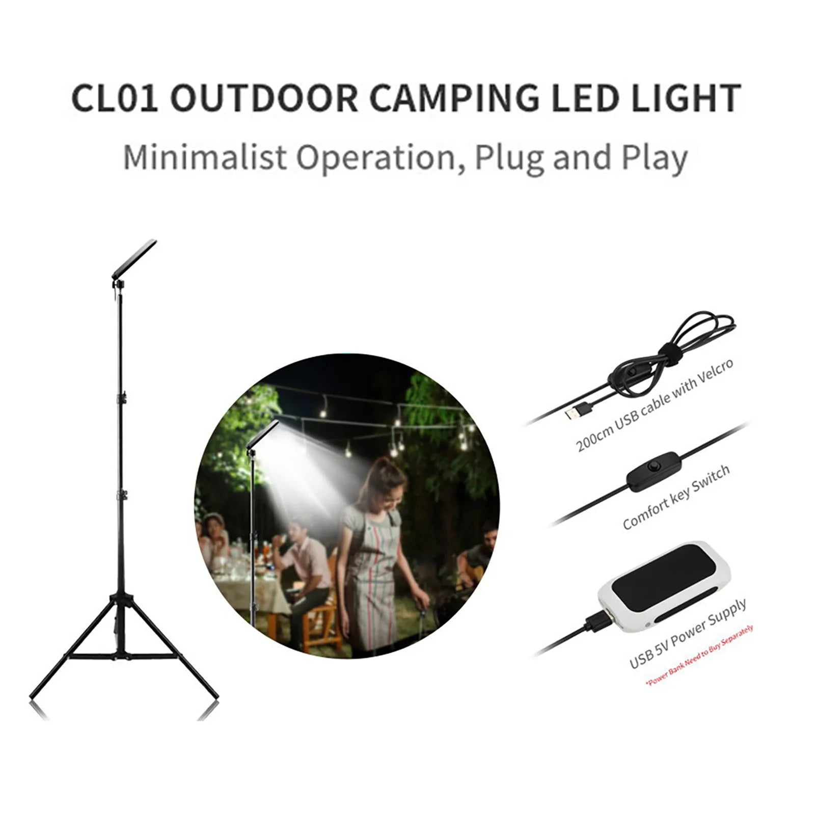 USB Rechargeable Work Light with Tripod Stand 18W Barbecue Lamp 1680 Lumen Night Fishing Lights for Camping Hiking Night Fishing