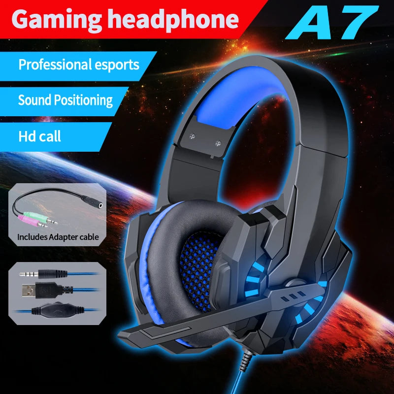 A7 Headphones Wired Gaming Headset Earphones Music For computer With Mic Headset Stereo SVirtual Surround Bass LED Light Gamer