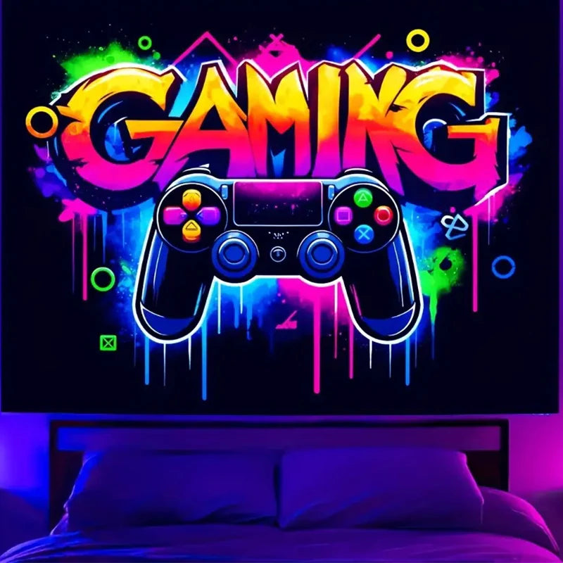 Gaming Controller Graffiti Art Tapestry Black Light Tapestry Wall Hanging UV Reactive Colorful Fluorescent Game Room Wall Decor