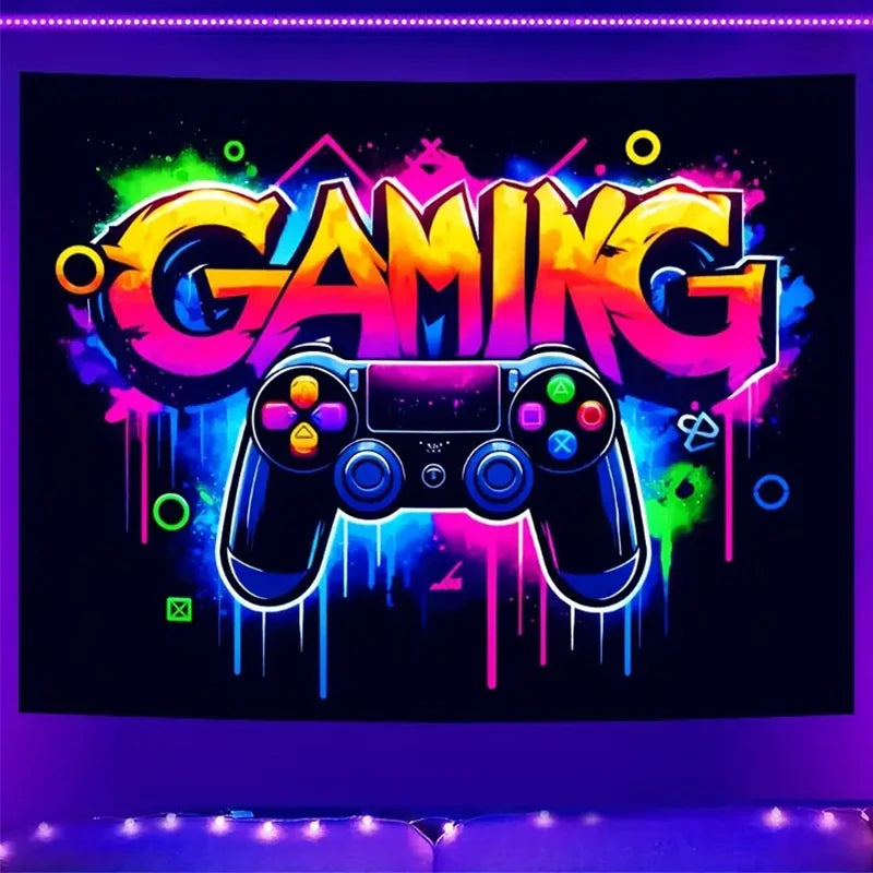 Gaming Controller Graffiti Art Tapestry Black Light Tapestry Wall Hanging UV Reactive Colorful Fluorescent Game Room Wall Decor