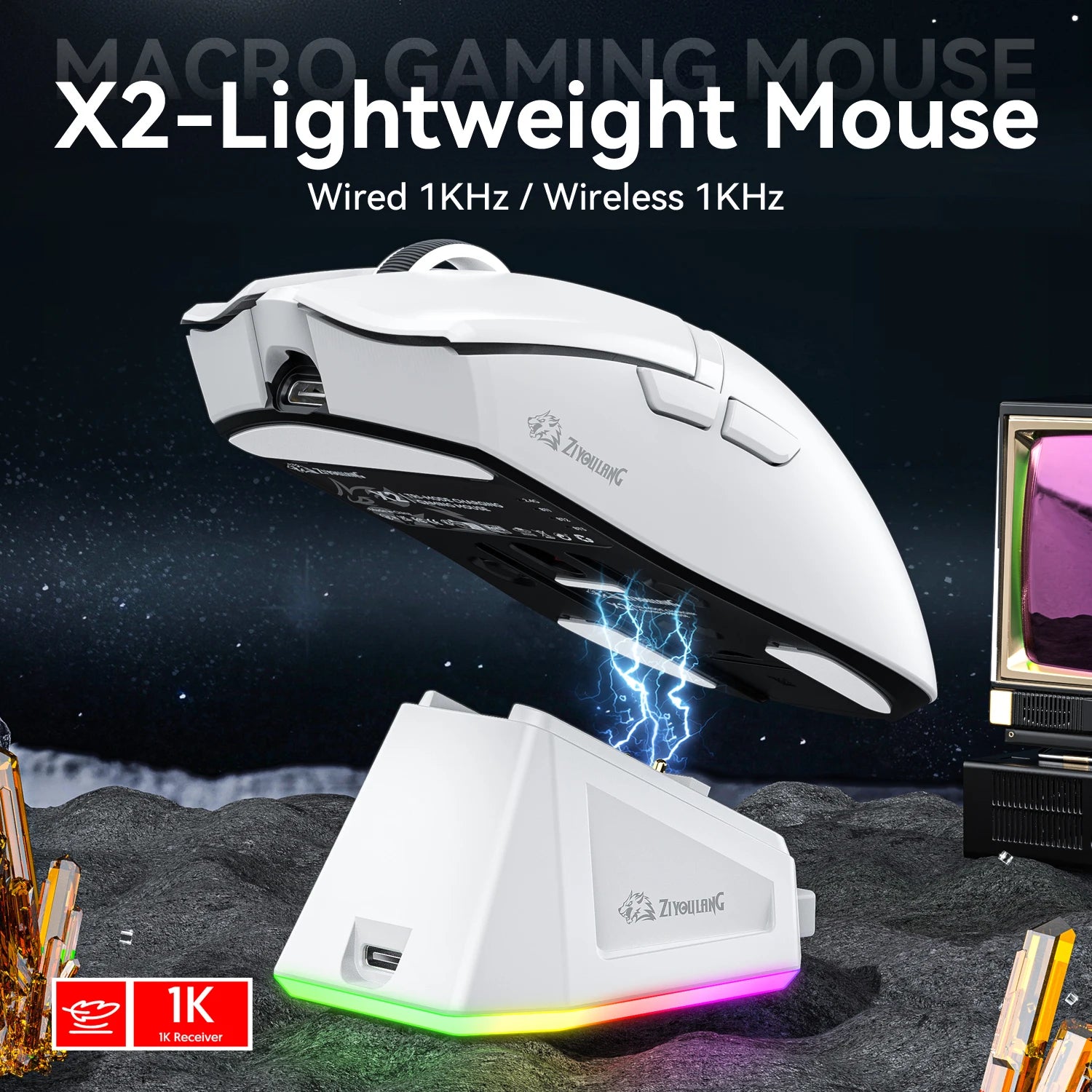 ZIYOULANG X2 Wireless Gaming Mouse 24000DPI PAW3311, RGB Magnetic Charger, Tri-Mode, Macro Driver, Lightweight 59g, Ergonomic