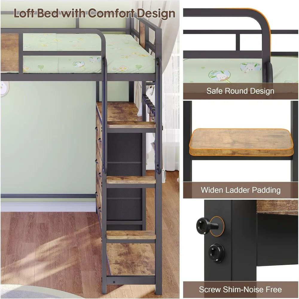Loft Bed with Desk Full Size,Full Size Bed Frame with 6 Storage Drawers, 2 Bedside Organizer,6 Movable Hooks,LED Lights & Chargi