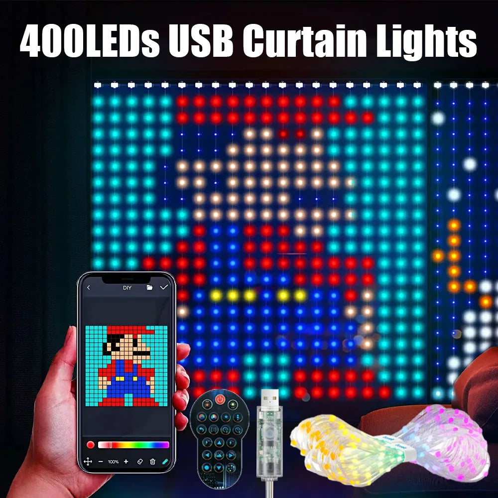 400LED 3.3x3.3ft Smart Curtain Lights RGBIC Window Fairy Light APP Control Remote Music Mode for Home Halloween Christmas Decor
