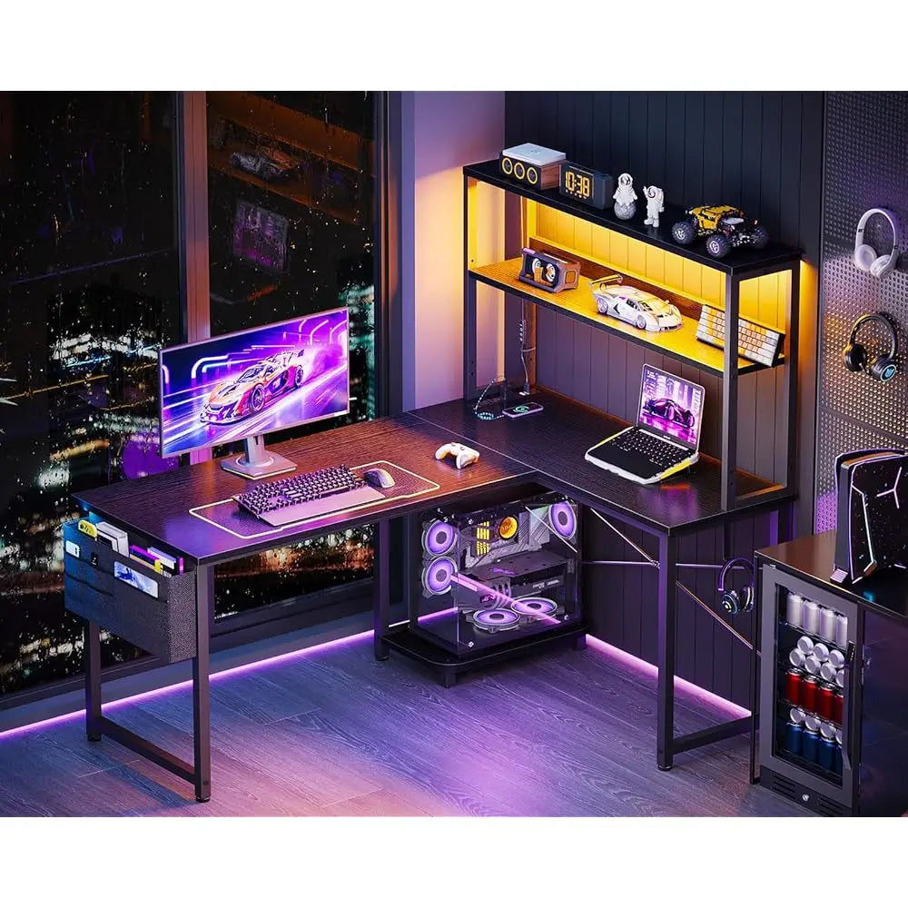 43 H L Shaped Desk With Led Lighting, Reversible Gaming Desk With Power Outlets, Cornor Computer Table With Storage Shelves &