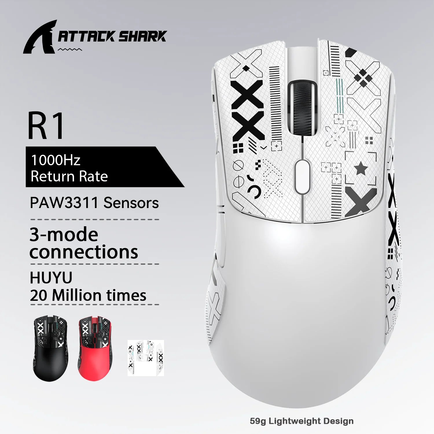 Attack Shark R1 X11 Wireless Gaming Mouse, 18K DPI PAW3311, Tri-Mode Bluetooth/2.4GHz/Wired, Lightweight, Macro Gaming Mouse