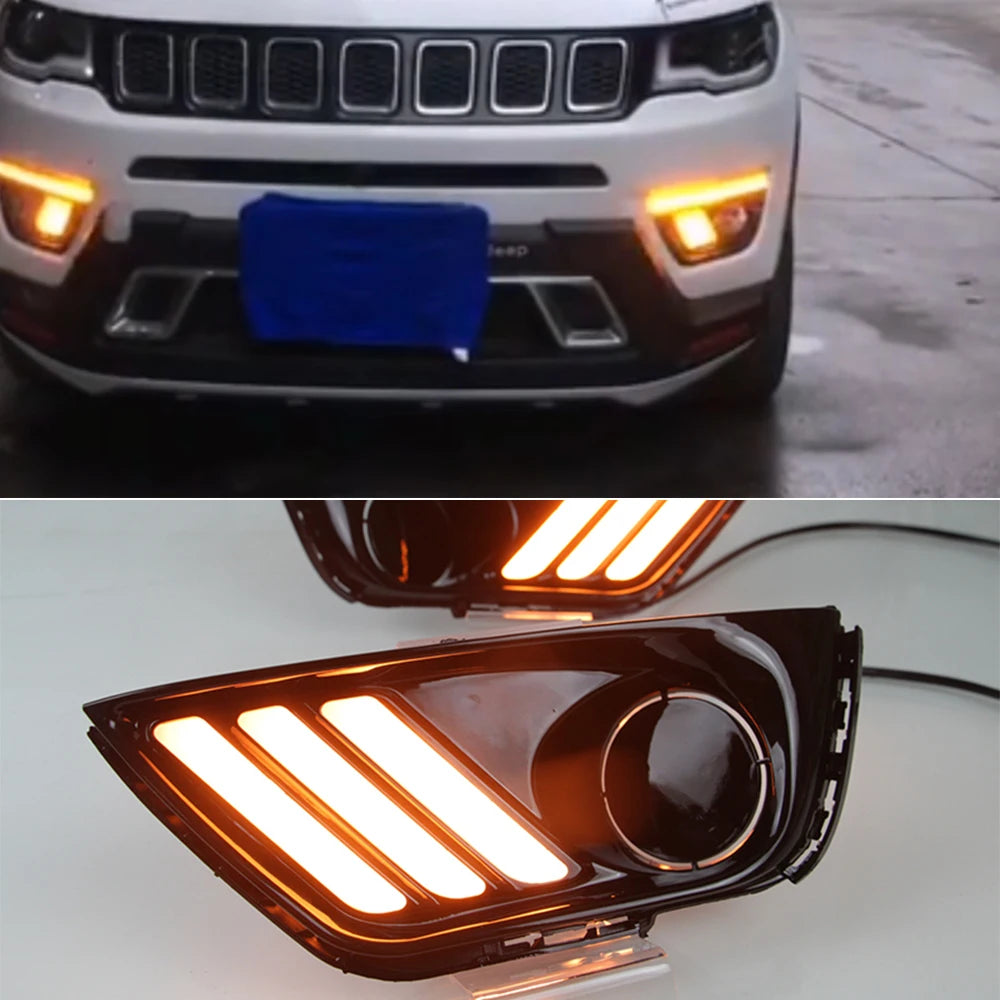 Car LED DRL With Yellow Turn Signal Daytime Running Light Daylight For Jeep Compass 2017 2018 2019 2020 Fog lamp cover
