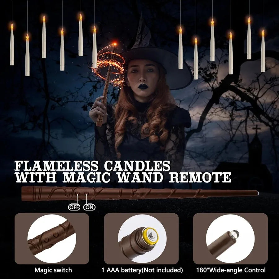 Floating Candles with Wand Remote 20 Pcs Magic Halloween Hanging Candles Flickering Warmer Light Flamel LED Candles with DIY St