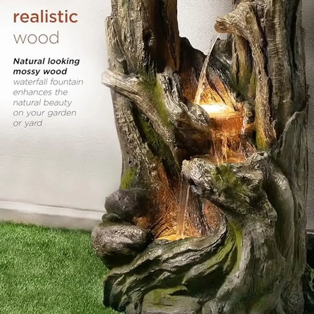 5-Tiered Tree Bark Water Fountain with LED Lights Indoor/Outdoor Garden Decor 59" Brown Durable Resin Construction Relaxing