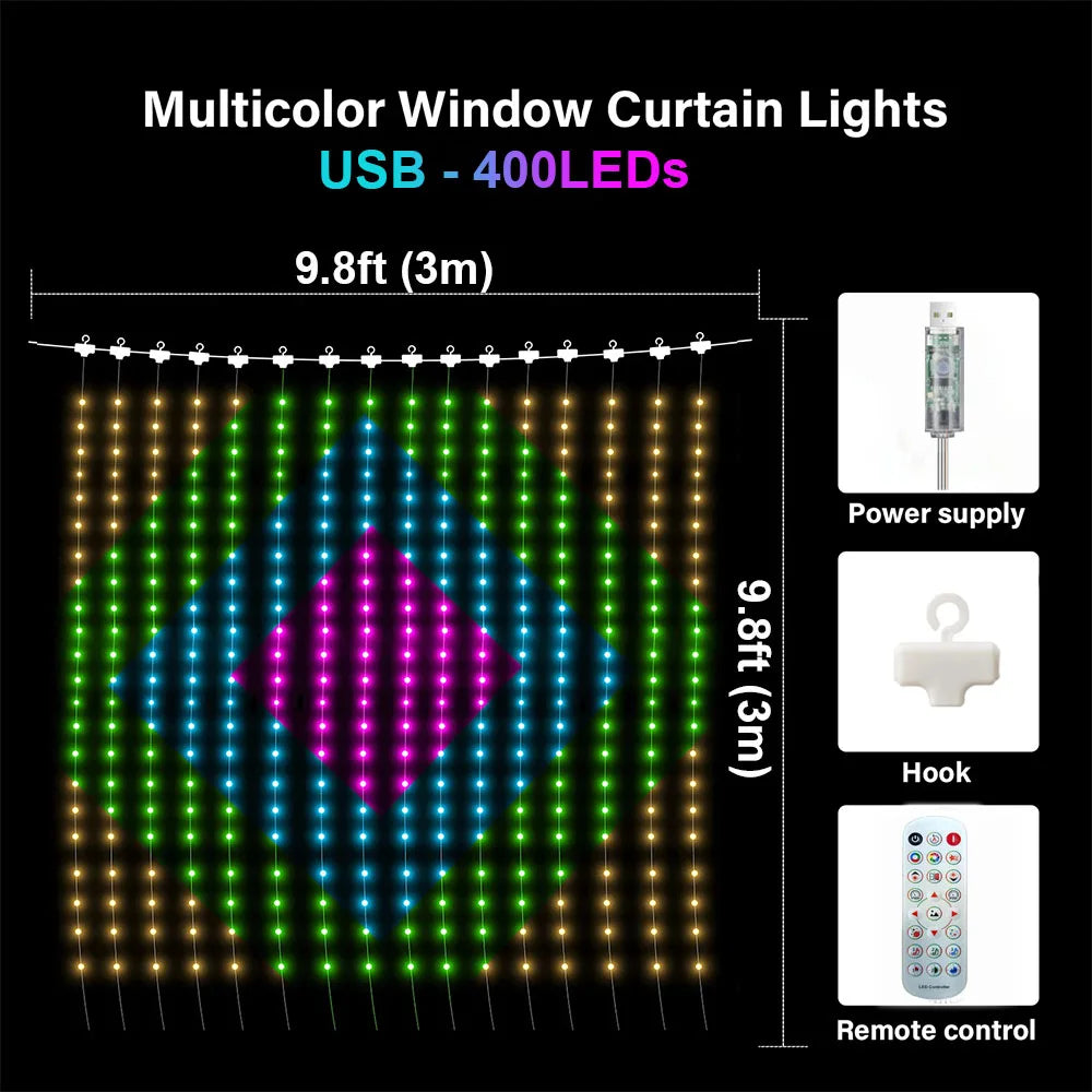 400LED 3.3x3.3ft Smart Curtain Lights RGBIC Window Fairy Light APP Control Remote Music Mode for Home Halloween Christmas Decor