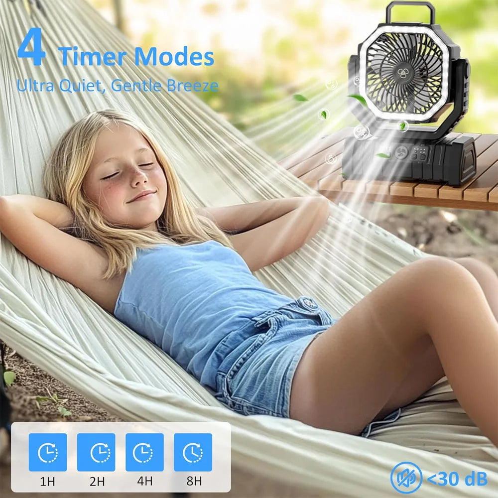 Multifunctional Outdoor Camping Fan Light Rechargeable Ceiling Fan with 3-speed Night Light and Power Bank Portable Fan