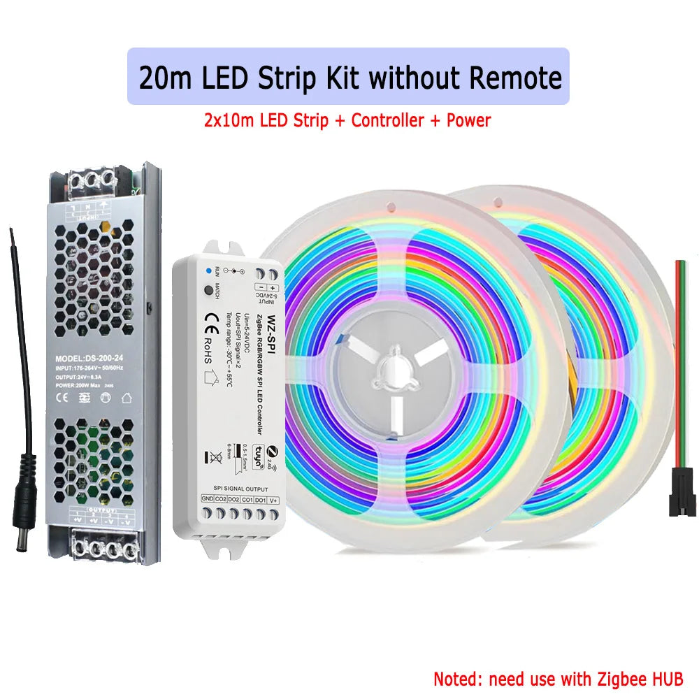 10m 20m Tuya Zigbee COB RGBIC LED Strip 24V Dream Color Addressable IC Light 2.4G Remote for Alexa Google Assistant SmartThings
