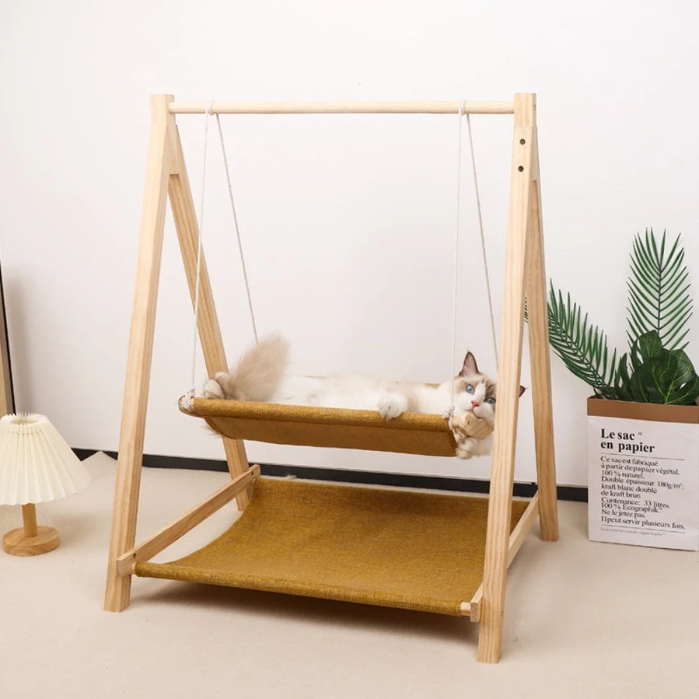 Dual-Layer Pet Hammock Light Cat Swing Simple and Large Capacity Wood Cats Nest Floor Type Comfortably Stable Cat Bed Indoor