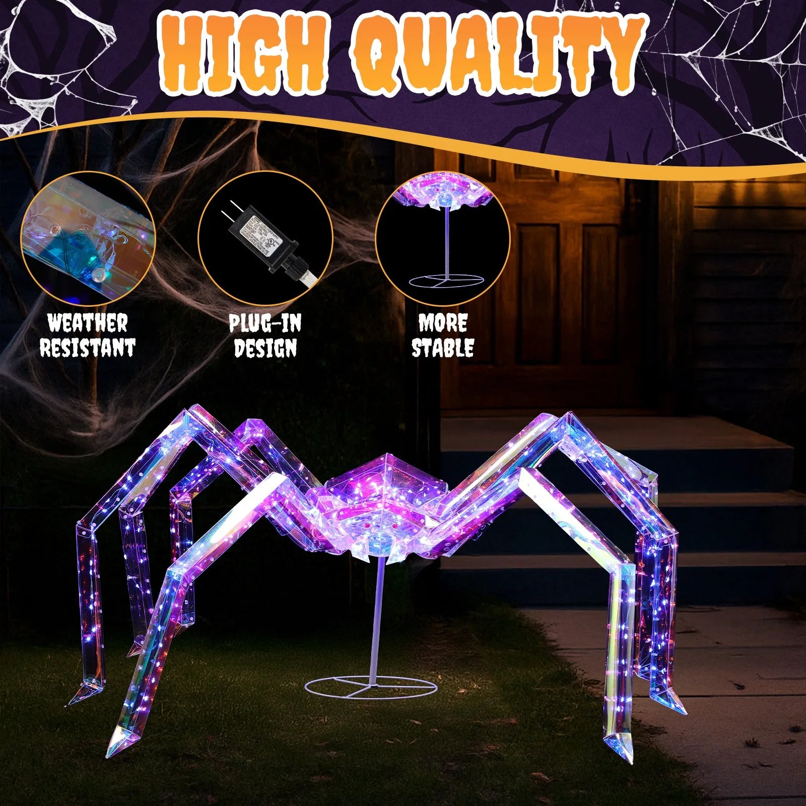 In/Outdoor 3 FT Halloween Light Up Iridescent Spider Holiday Party Decoration