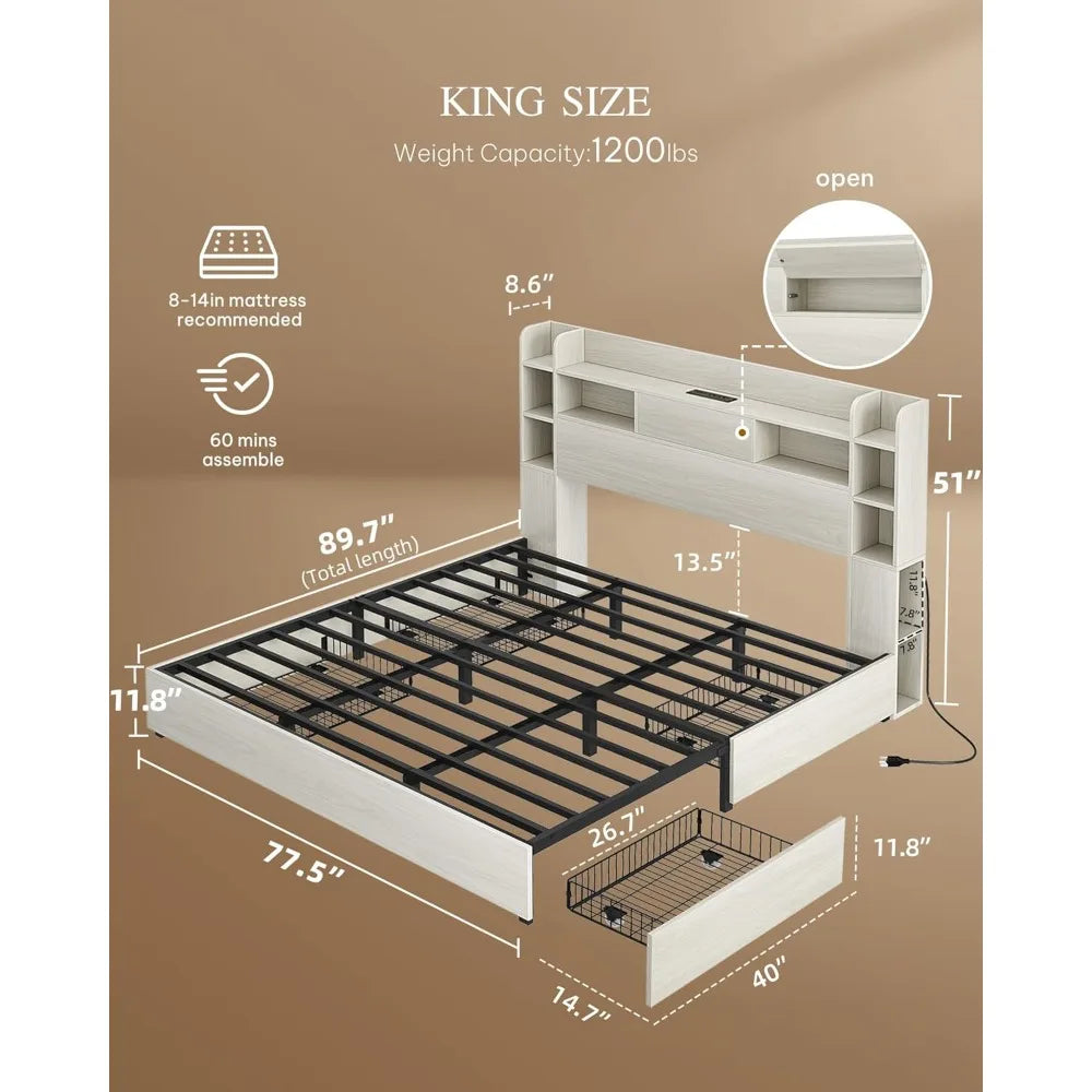 YITAHOME King Bed Frame with Bookcase Headboard and 4 Storage Drawers, RGB LED Light Bed with Type-C & USB Charging Station Stor