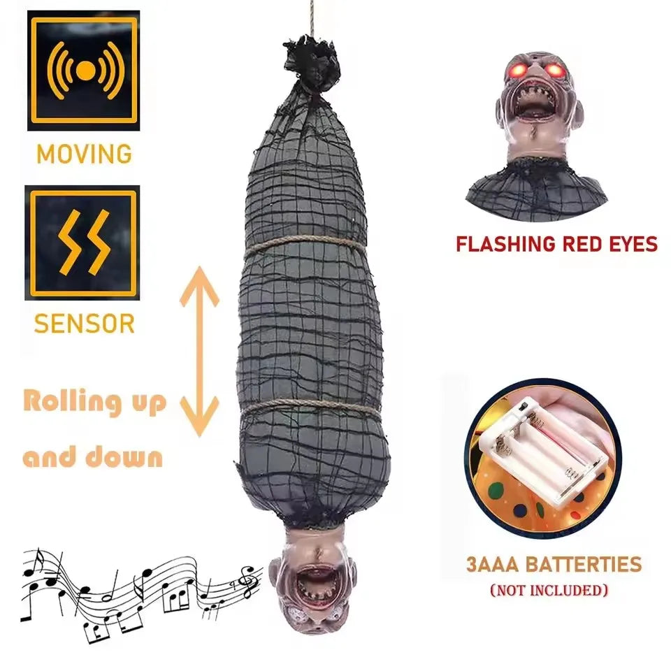 2.46 Ft Halloween Hanging Animated Corpse With LED Light Up Eyes Talking & Shaking Scary Ghost Sound Effect For Halloween Decor