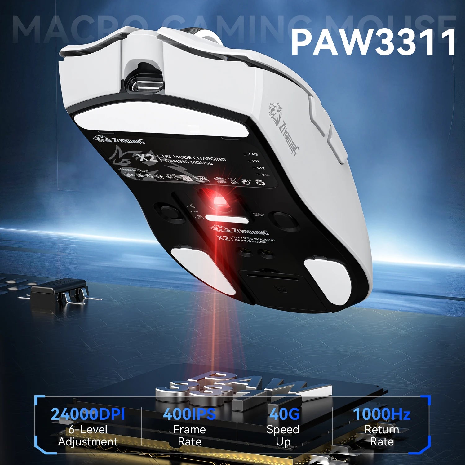 ZIYOULANG X2 Wireless Gaming Mouse 24000DPI PAW3311, RGB Magnetic Charger, Tri-Mode, Macro Driver, Lightweight 59g, Ergonomic