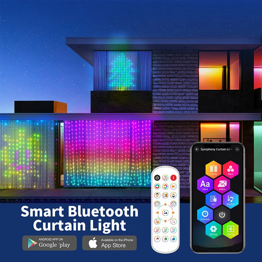 Smart Curtain Lights Bluetooth App Control RGB LED String Waterproof Fairy Light USB DIY Text Pattern Display Party Room Decor