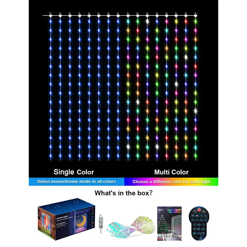 Smart LED RGB Curtain Lights USB App Control String  Music Sync DIY Pattern and Text Programmable Fairy Lights for Christmas
