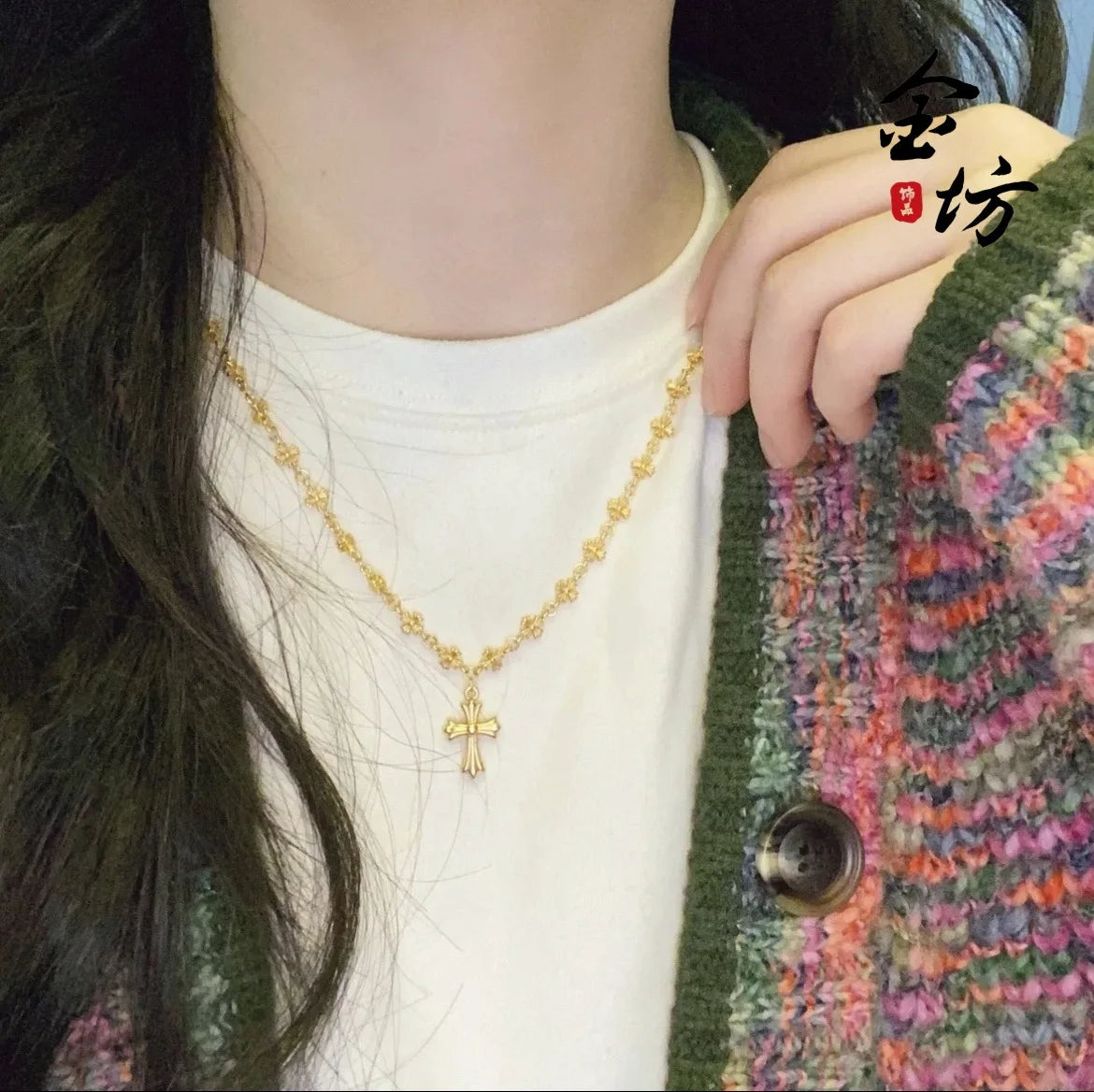 Fashion 9999 24K real gold retro ethnic style golden Crow cross necklace light luxury versatile jewelry for women