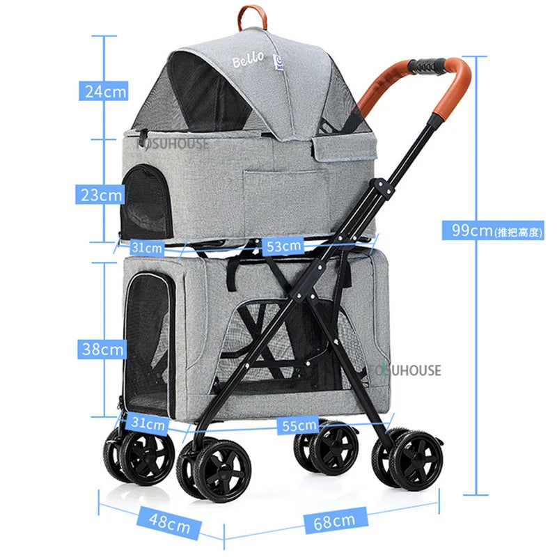 Modern Folding Lightweight Double-layer Pet Trolley Dog Puppy Pet Can Be Detached and Separated for Outdoor Travel Pet Strollers