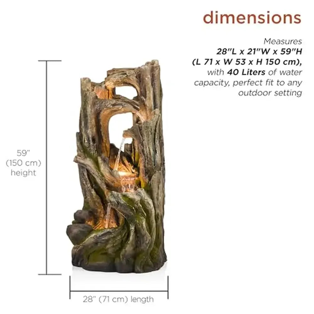 5-Tiered Tree Bark Water Fountain with LED Lights Indoor/Outdoor Garden Decor 59" Brown Durable Resin Construction Relaxing