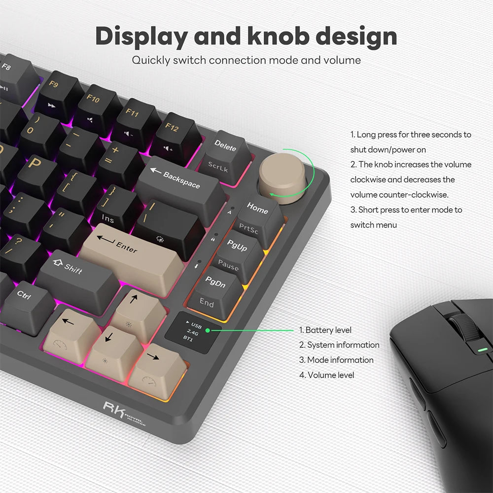 RK ROYAL KLUDGE M75 Gasket Mechanische Tastatur 2,4G Wireless/Bluetooth/USB 75 % RGB Hot-Swap-fähige Gaming-Tastatur mit Display