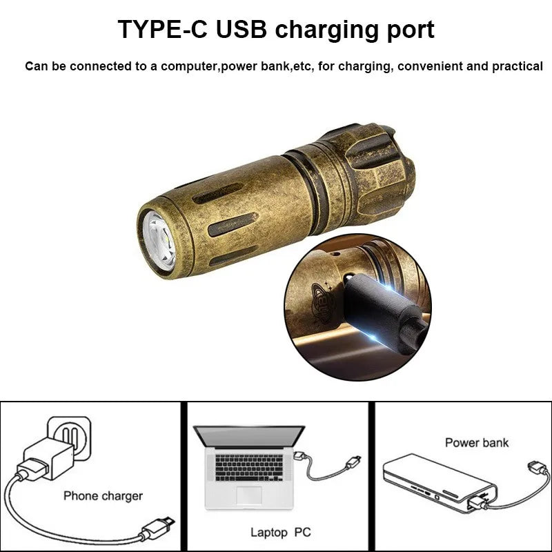 Portable Brass Flashlight for Type-c USB Charging Outdoor EDC Tools 180 lumens Waterproof Camping Survival Tool