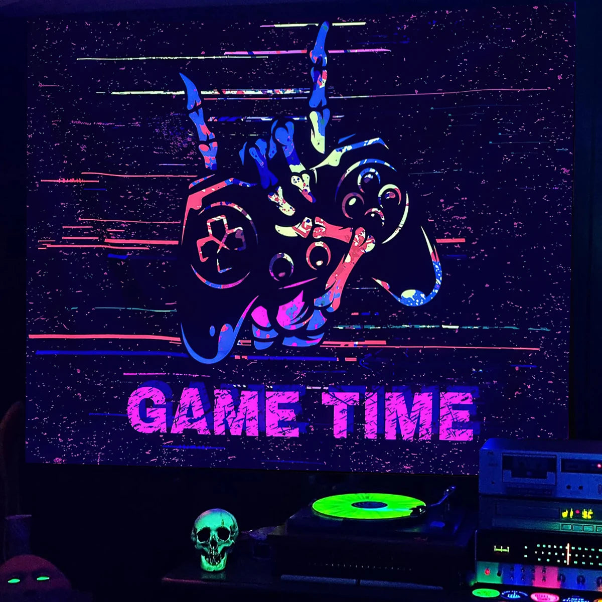 Gaming Controller Graffiti Art Tapestry Black Light Tapestry Wall Hanging UV Reactive Colorful Fluorescent Game Room Wall Decor