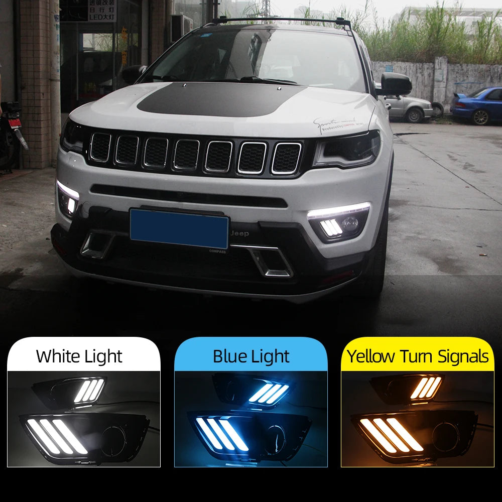 Car LED DRL With Yellow Turn Signal Daytime Running Light Daylight For Jeep Compass 2017 2018 2019 2020 Fog lamp cover